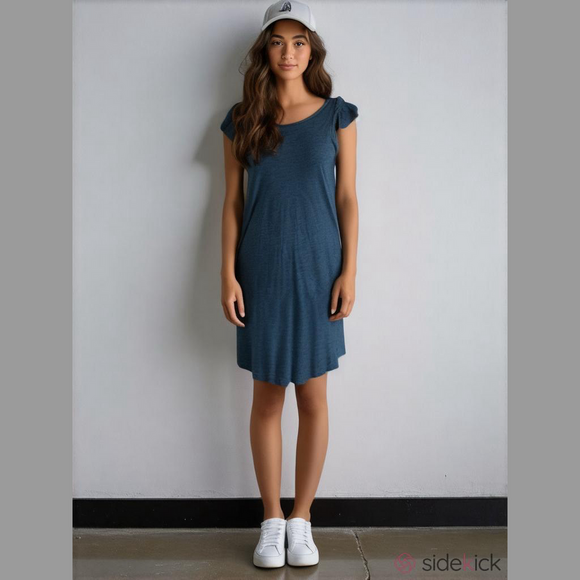 A Loves A heather teal,scoop neck dress with ruffled cap sleeves,above the knee. - Picture 1 of 10